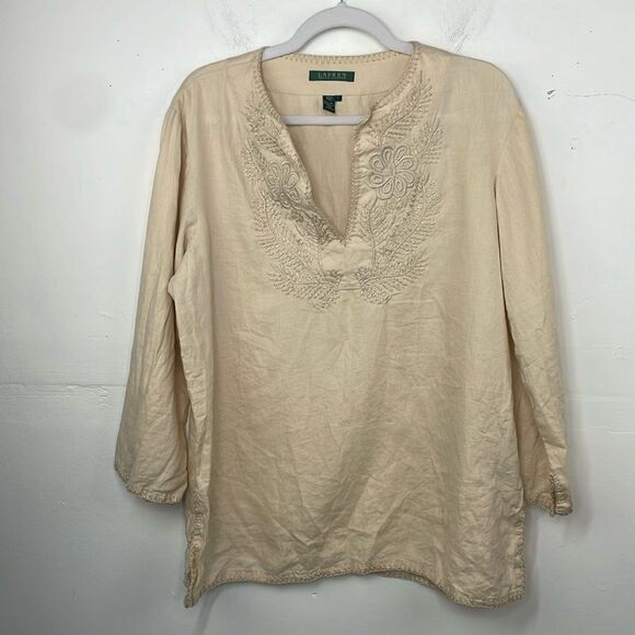 Lauren Ralph Lauren Linen Boho Peasant Top V Neck Embroidered size Large - Picture 1 of 14